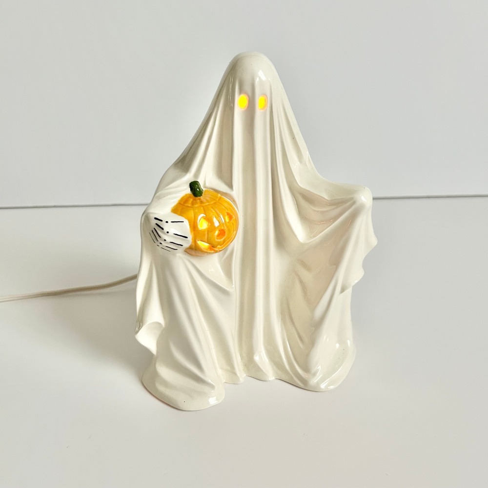 Vintage 1970s Ceramic Ghost Light Lamp White Halloween Pumpkin Spooky Glowing